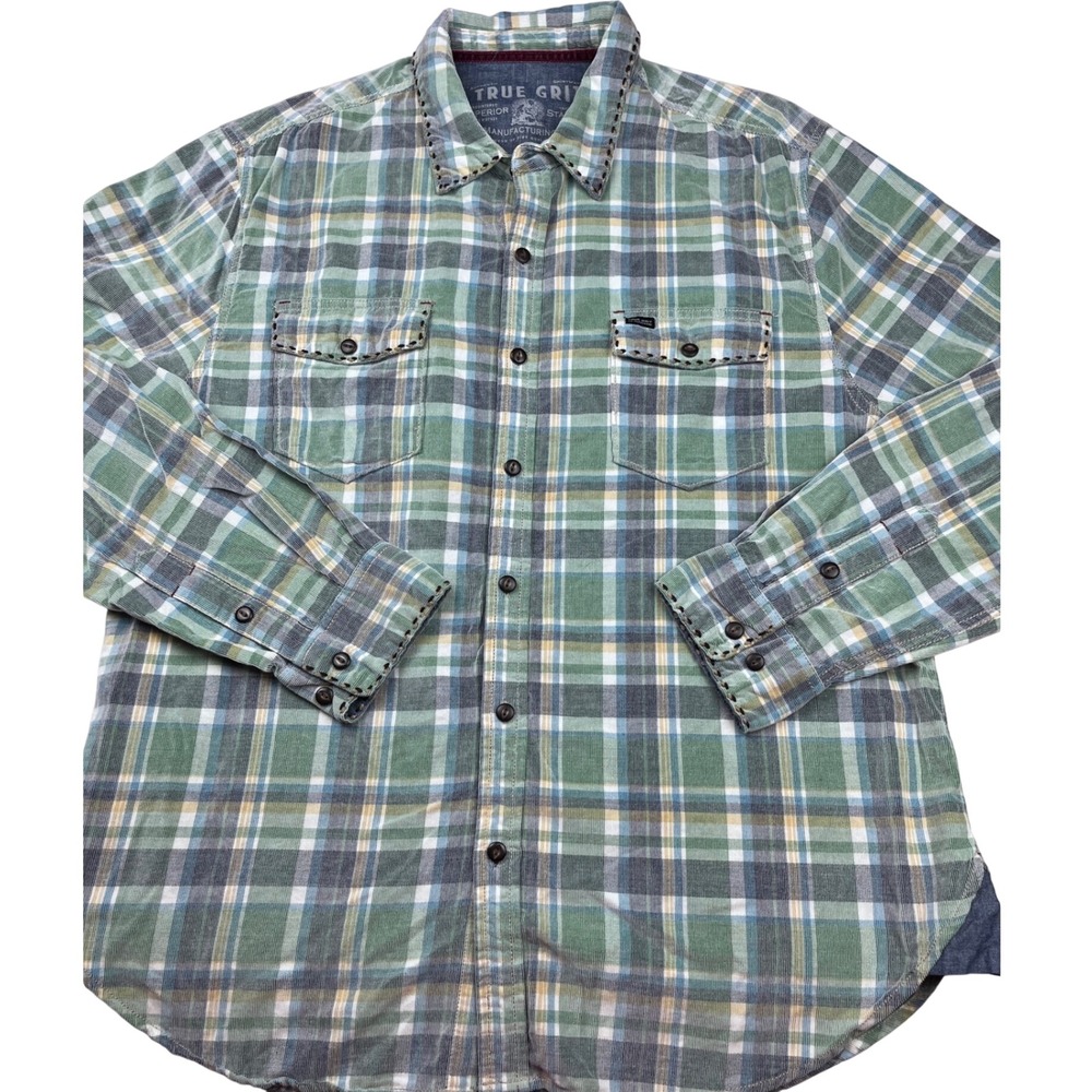 True Grit Mens Green Blue Plaid Cotton Whipstitch Button Down Shirt Large